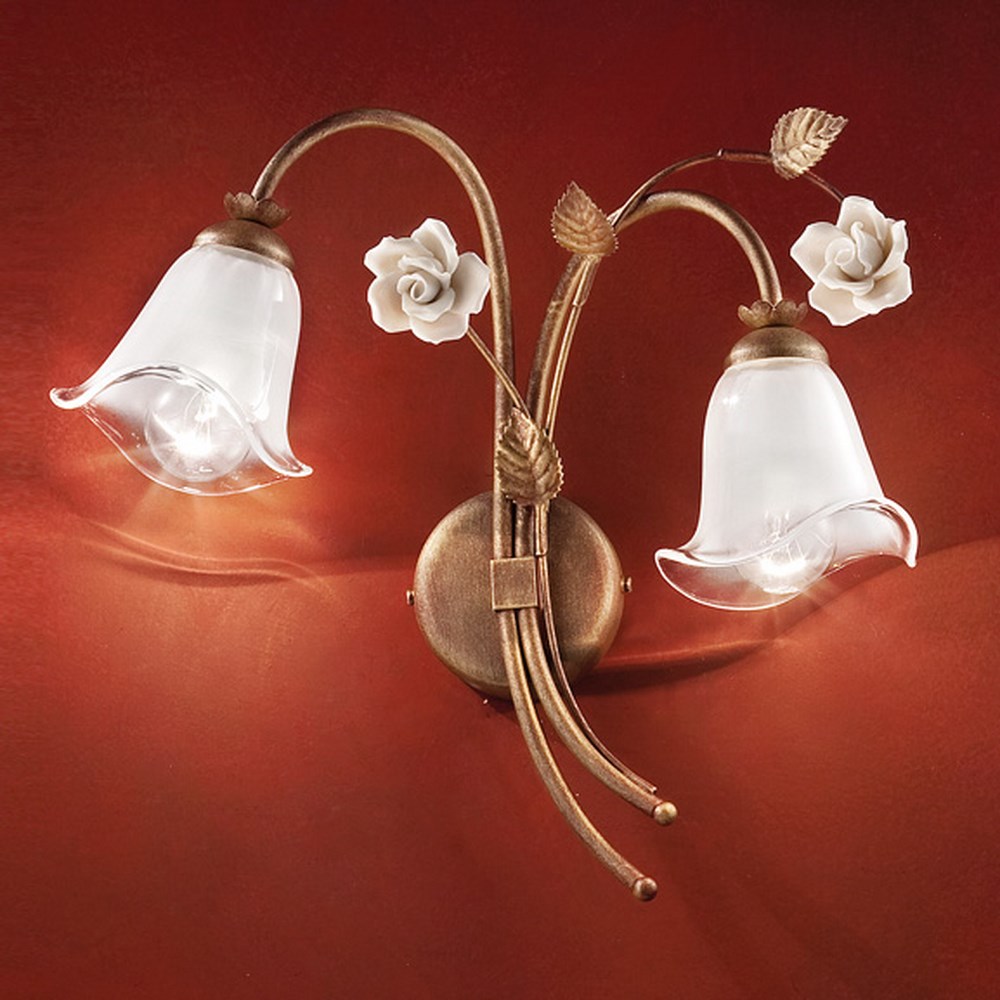 Applique da parete in ferro battuto e vetro classico ceramica bianca